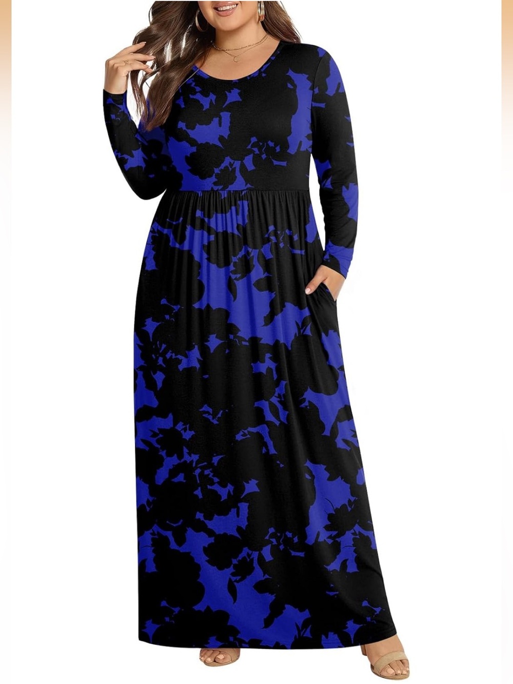 POPYOUNG Plus Size Maxi Dress Curvy Long Sleeve Fall Winter Style 3XL Blue Black